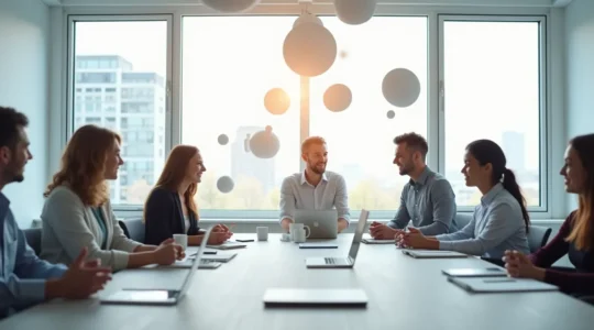 Scène professionnelle moderne montrant un espace de travail collaboratif avec des éléments visuels représentant l'organisation et la centralisation de processus