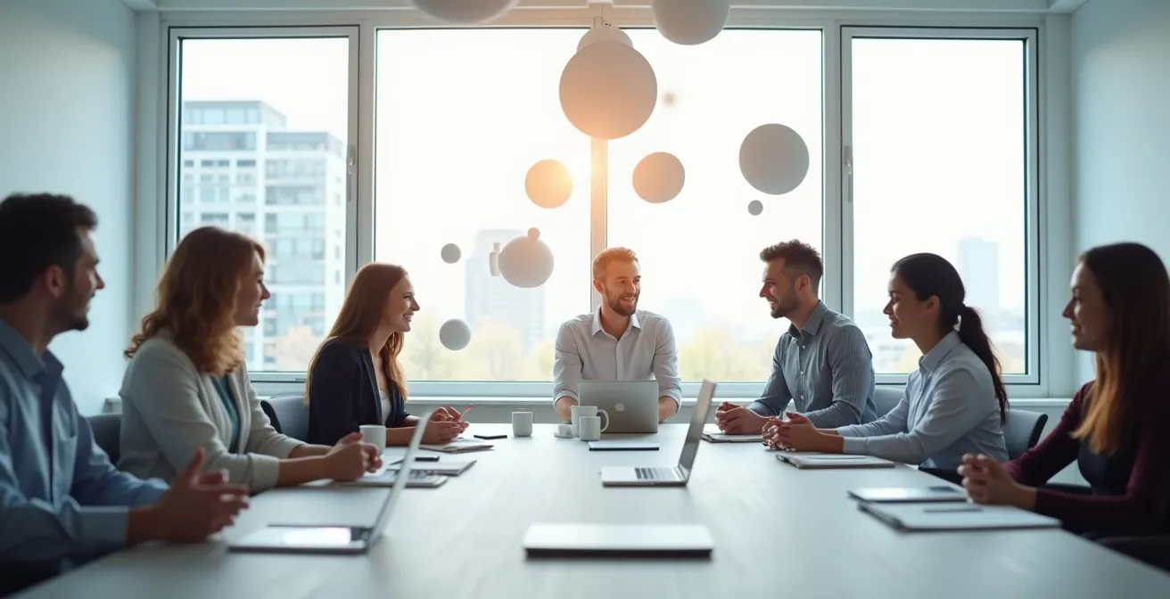 Scène professionnelle moderne montrant un espace de travail collaboratif avec des éléments visuels représentant l'organisation et la centralisation de processus