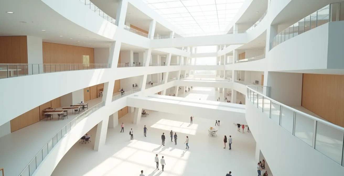 Vue aérienne d'une architecture moderne minimaliste avec des formes géométriques interconnectées et des espaces ouverts